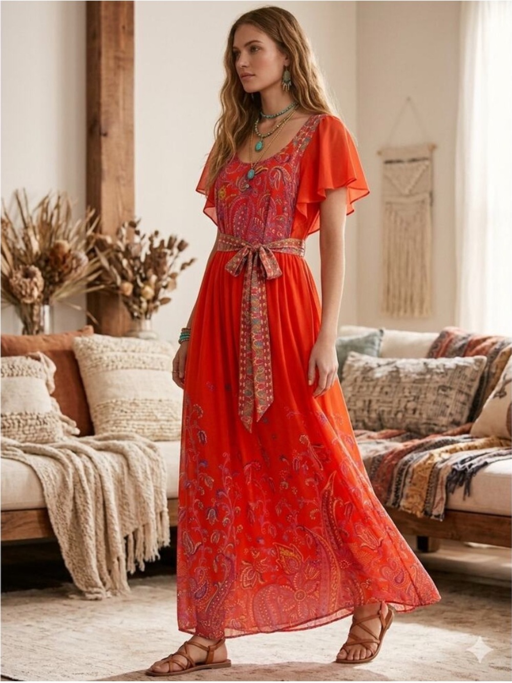 Anthropologie Maeve Blushed Paisley Maxi Dress Orange Multicolor Size 0